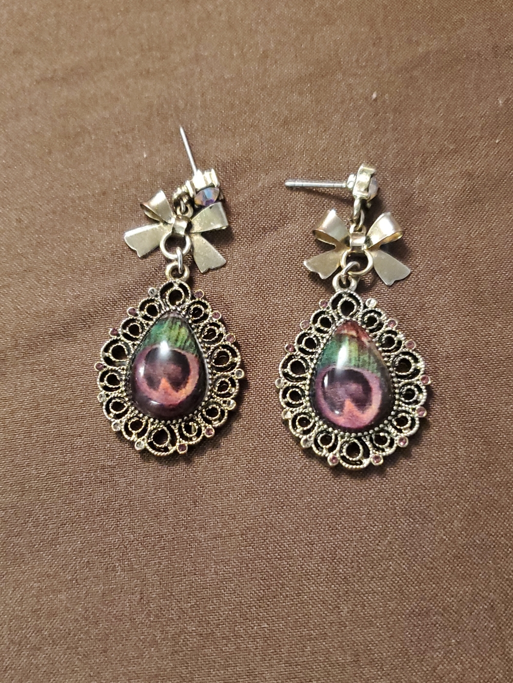 Betsey Johnson Gold Tone Bow Drop Earrings with Pink-Green Iridescent Teardrops